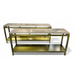 Pair Of Console Tables Decorated With Hainaut Blue Stone, Belgium Circa 1980